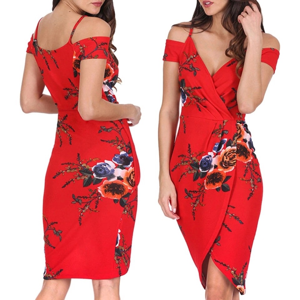 Cold shoulder red length knee dress tulip rose cap sleeve knee split hem v drape
